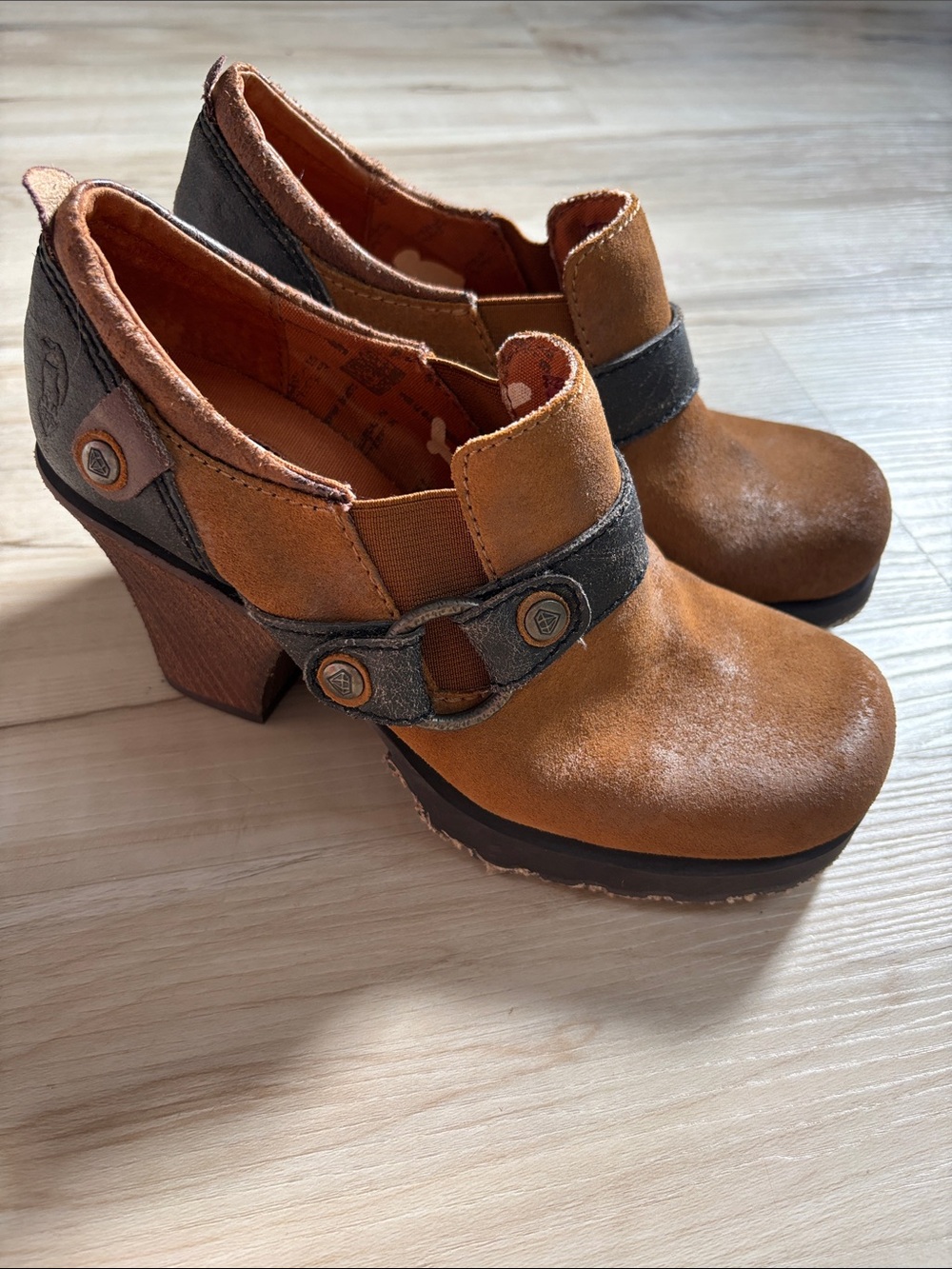 Vintage London Underground Brown Leather Suede Chunky Wooden Platform Clogs Size